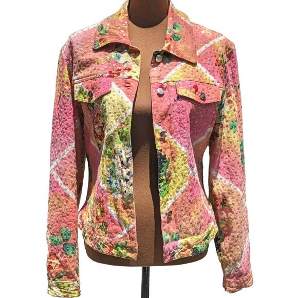 Redd Jeans Trucker Jacket 4 Abstract Floral Iridescent Sequins Cottagecore Artsy - Picture 4 of 16
